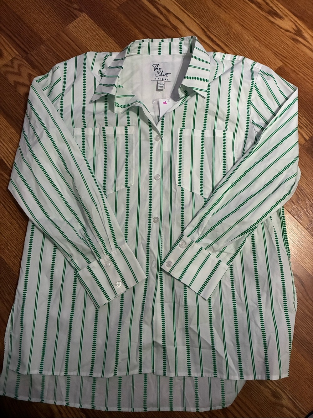Tribal Women's Green and White Striped Button-Down Shirt